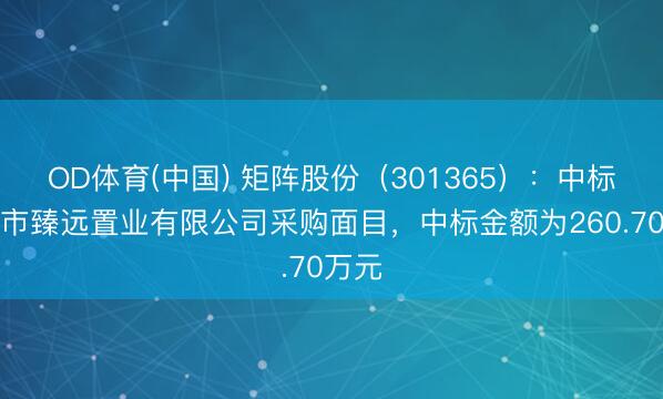 OD体育(中国) 矩阵股份（301365）：中标义乌市臻远置业有限公司采购面目，中标金额为260.70万元